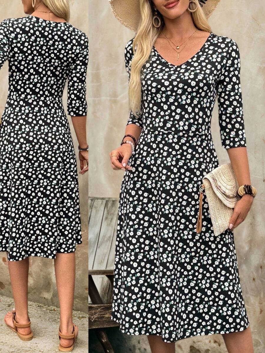 EMERY ROSE Plus Size Women's Floral V-Neck 3/4 Sleeve Casual Summer Dress Fall Clothes Fall Dresses For Women Fall Outfits Women Autumn Clothes Fall Outfits Autumn Winter Clothes For Women Winter Teacher Outfits For Women Oing Out Tops Women Business Casual Woman Usiness Casual Outfits Women Usiness Casual Outfits Women Country Country Outfits Women Old Money Basic Teacher Outfits For Women Oing Out Tops Women Back To School Fall Women Clothes