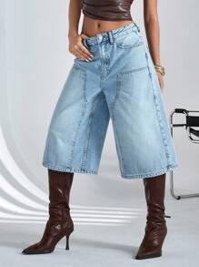 CasuGlow Cowgirl Outfit Women's Low Waist Y2K Pockets Wide Leg Loose Bermuda Denim Shorts Rave Outfits Women Summer Clothing - Blue - View 4