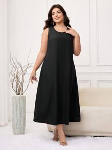 Modelyn Rochie fără mâneci, casual, culoare uni, mărime plus și cardigan transparent cu mâneci lungi, set din 2 piese - Negru - Vizualizare 6