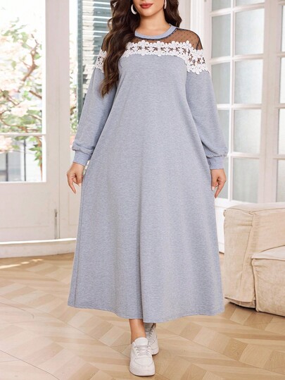 SHEIN Lacomfia Plus Size Mesh Lace Patchwork Long Sweatshirt Fall Cloth For Women Winter Autumn