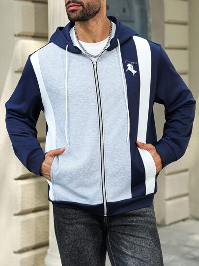 Manfinity Homme Plus Size Men's Casual Patchwork Zip-Up Hoodie Jacket, Men Zip Up Hoodie, Blue White Hoodie Men, Men Sweatshirt Zipper, Blue Zip Up, Fall