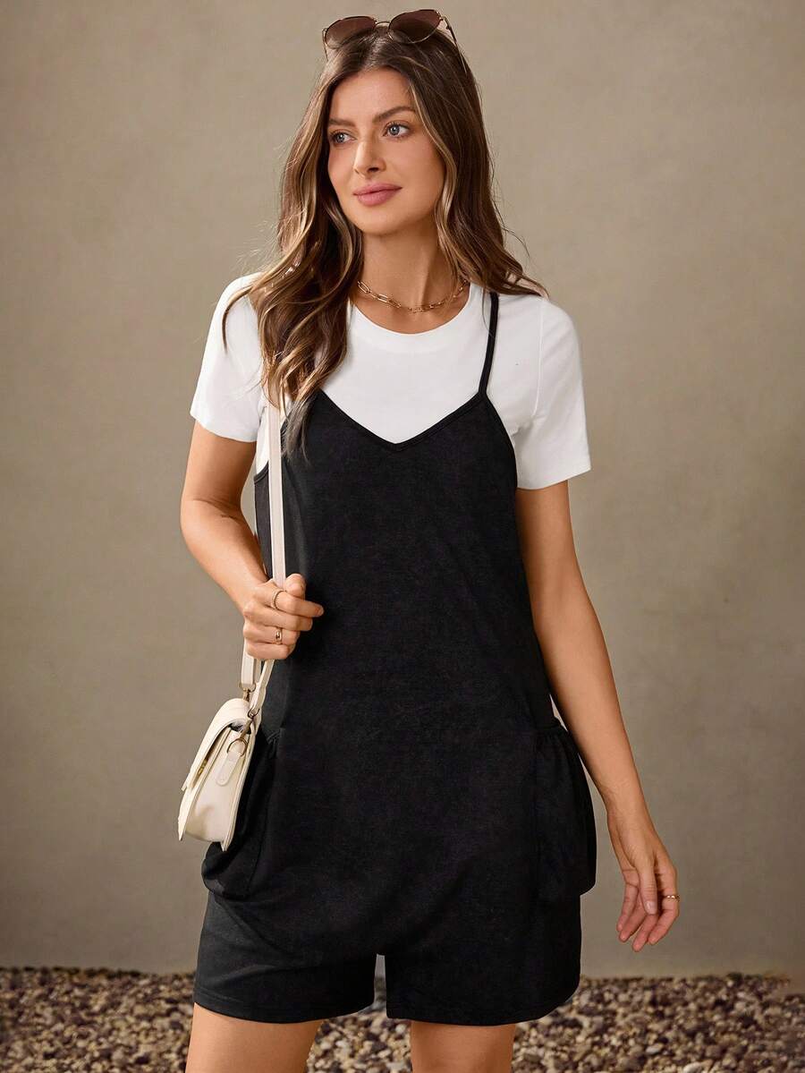 Wildy Summer American Western Casual Washed Black Romper With Pockets