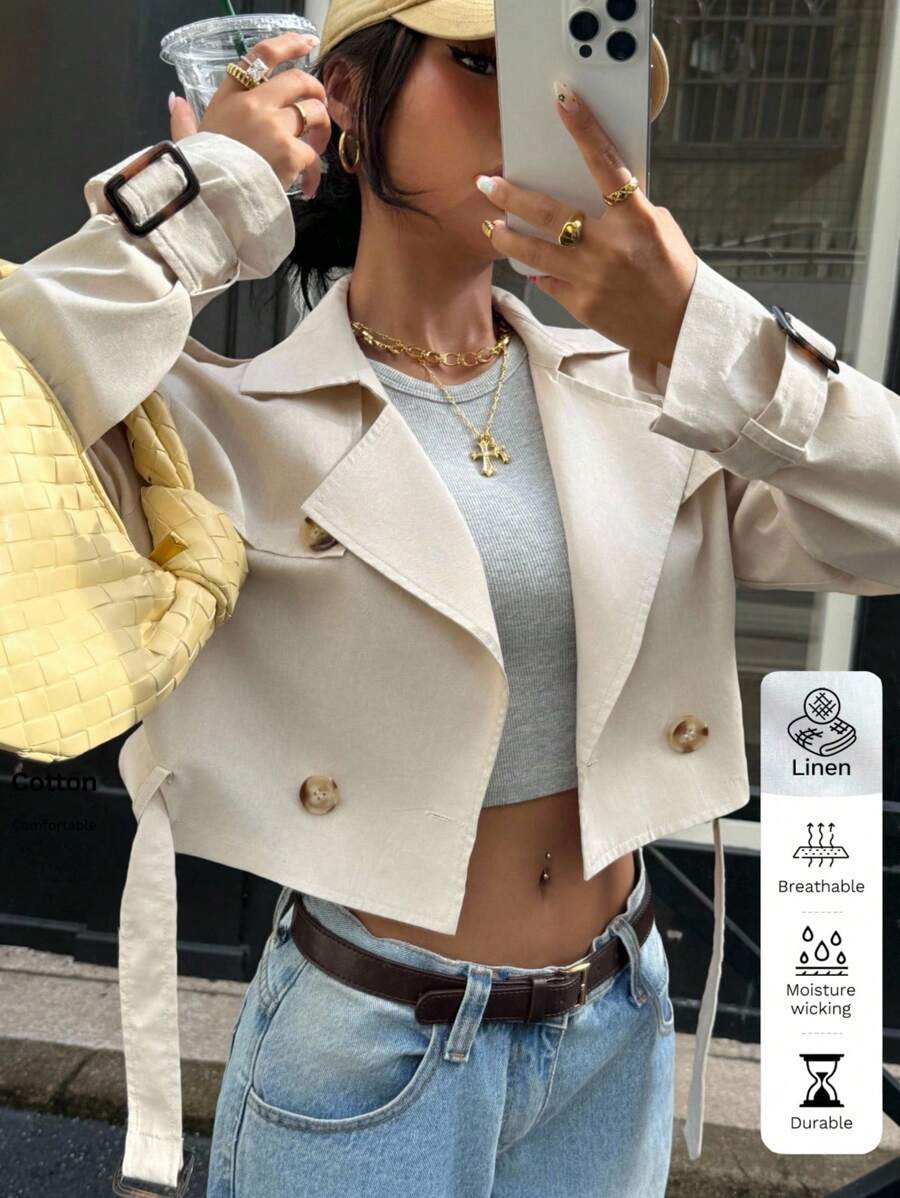 Muchica 女式米色翻领双排扣短款休闲风衣 - 杏色 - 查看 1