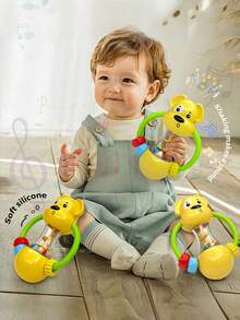 Zazumi 1 件装柔软硅胶婴儿摇铃玩具可爱狗形可咀嚼牙胶抓握训练感官玩具适用于新生儿早期发育第一年学习玩具，带有轻柔声音（款式配件随机）