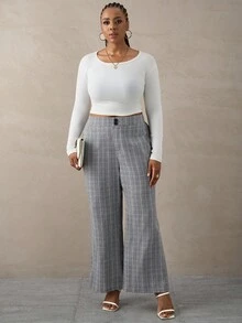 SHEIN Tall CURVE Quần ống rộng thiết kế nút đơn giản dành cho nữ cỡ lớn - Xám - Xem 5