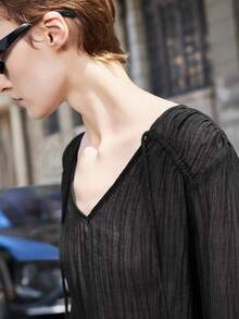 Lumivelle Women's V-Neck Long Sleeve Casual Elegant Chiffon Textured Top & Pants 2 Pieces Set Women Pants Suit 2 Pieces Pants Sets Woman SummerHoliday Sunny Journey Vacay Vibes Casual Outfits Spring Fall Cloth For Women - Black - View 8