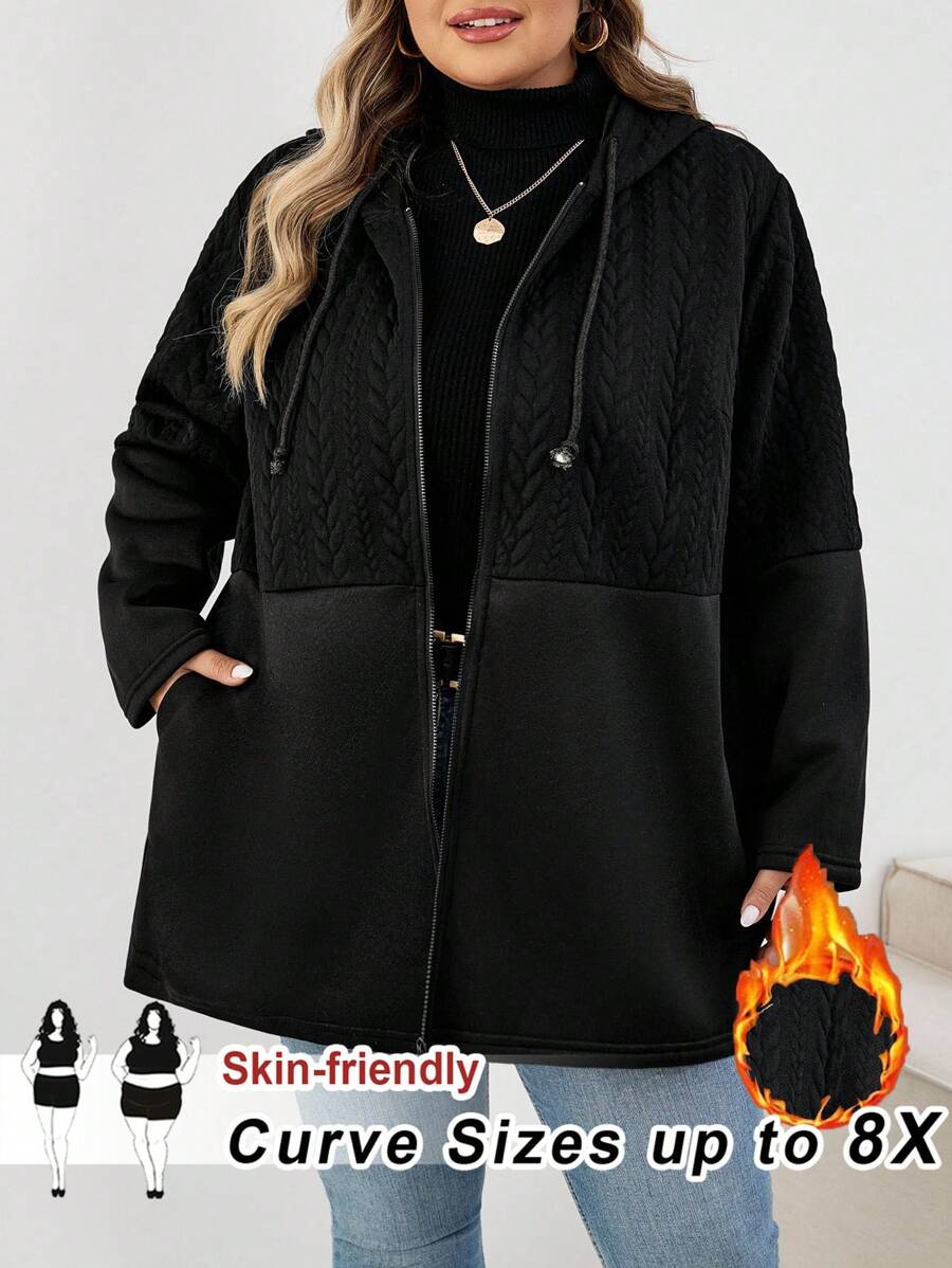 SHEIN CURVE+ Plus Size Women's Black Casual Hooded Long Sleeve Jacket, Autumn Outerwearfall Clothes For Women,Winter,CURVE PLUS/Autumn /Winter - Black - View 1