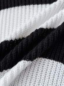 SHEIN 青少年女孩休闲圆领黑白钩针条纹毛衣上衣，适合秋冬季 - 黑與白 - 查看 5