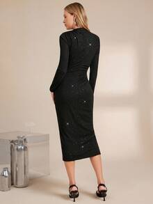 Amorya 女士优雅修身纯黑色束腰中长连衣裙，适合派对、聚会等多种场合，秋季 - 黑色 - 查看 9