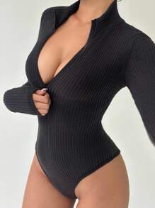 FavEase Black Solid Half Open Collar Long Sleeve Fitted Bodysuit Fall Cloth For Women - Black - View 3