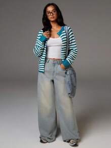 Athîral 女士休闲通勤条纹轻薄开衫条纹开衫女开衫夏季开衫蓝绿色开衫秋冬白色开衫 - 彩色 - 查看 6