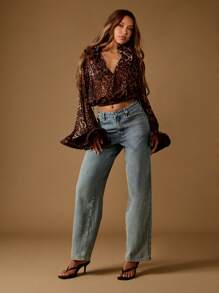 MISSGUIDED Leopard Print Organza Blouse Bell Sleeve Ruffle Collar Crop Top Evening Party Club Semi Sheer Puff Shoulder Statement Button Front Victorian