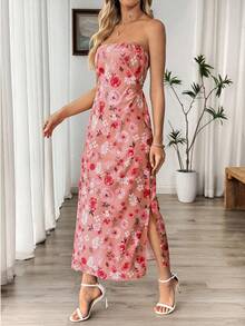 SHEIN Holidaya Elegant Floral Print Halter Slit Dress, Summer - Pink - View 5