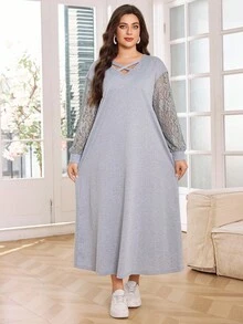 SHEIN Lacomfia Plus Size Casual Solid Color Lace Patchwork Long Hoodie Winter Fall Autumn