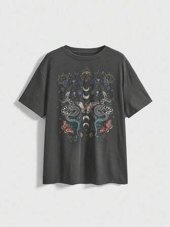 Gothic Stil Pflanzen- & Schlangenauge Muster Schwarz Langarm T-Shirt für Damen in Große Größen