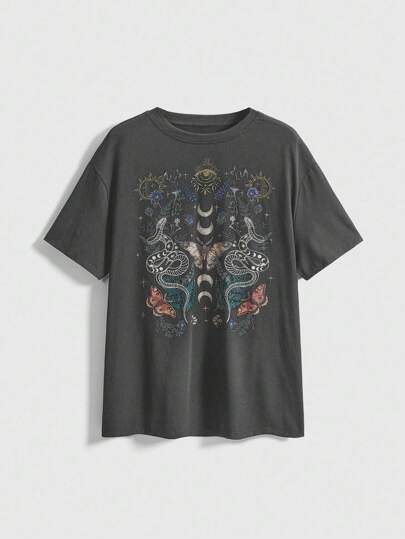 Gothic Stil Pflanzen- & Schlangenauge Muster Schwarz Langarm T-Shirt für Damen in Große Größen