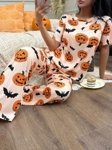 SHEIN CoupledUp 万圣节卡通南瓜和蝙蝠印花针织短袖睡衣套装 - 彩色 - 查看 4