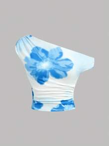 SHEIN Girlism Blue Knitted Sleeveless Co-Ord With Asymmetrical Neck For Vacation Style Blue Floral Dress Hawaii Outfits Island Girl Outfit Summer Outfits