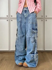 StreetHx Women's Cargo Pocket Pleated Wide Leg Loose Casual Jeans - Blue - View 3