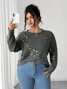 Elenzga Plus Size Loose Elegant Modest Beaded Floral Pullover Sweater Fall Winter Cloth For Women Autumn
