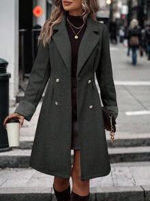 EMERY ROSE Autumn And Winter Christmas And New Year New Luxury Gray Double-Breasted Overcoat With Suit Collar, Thermal Lined Cuffs, Mid-Length Slim Fit Overcoat, Office OL Style, Warm And Windproof Versatile Coat With Textured Metal Buttons And Waist-Cutting Design, A Must-Have For Urban Women's Autumn And Winter Outfits - Grey - View 5