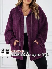 SHEIN CURVE+ Women's Plus Size Thermal Lined Hooded Zip-Up Jacket, Autumn/Winter Fall/Autumn /Winter - Purple - View 10