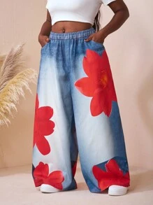 SHEIN CURVE+ Plus Size Floral Print Denim Effect Pants, Autumnfall Clothes For Women,Winter,CURVE PLUS/Autumn /Winter - Multicolor - View 8
