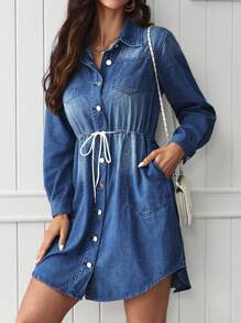 EMERY ROSE Women's Casual Denim Dress With Pockets And Drawstring - Blue - View 7
