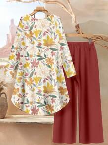 EMERY ROSE Plus Size Women 2pcs Elegant Casual Loose Long Sleeve Top And Pants Set, Suitable For Autumn/Winter,Two Piece Set Women - Multicolor - View 2