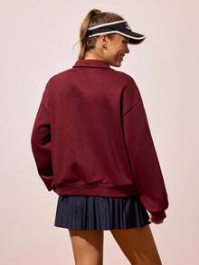 CourtClass Jaqueta com Capuz e Zíper com Estampa de Tênis em Fleece para Mulheres, Outono/Inverno, com Bolsos, Esportiva e Casual para Tênis, Corrida e Uso Diário - Vinho - Visão 2