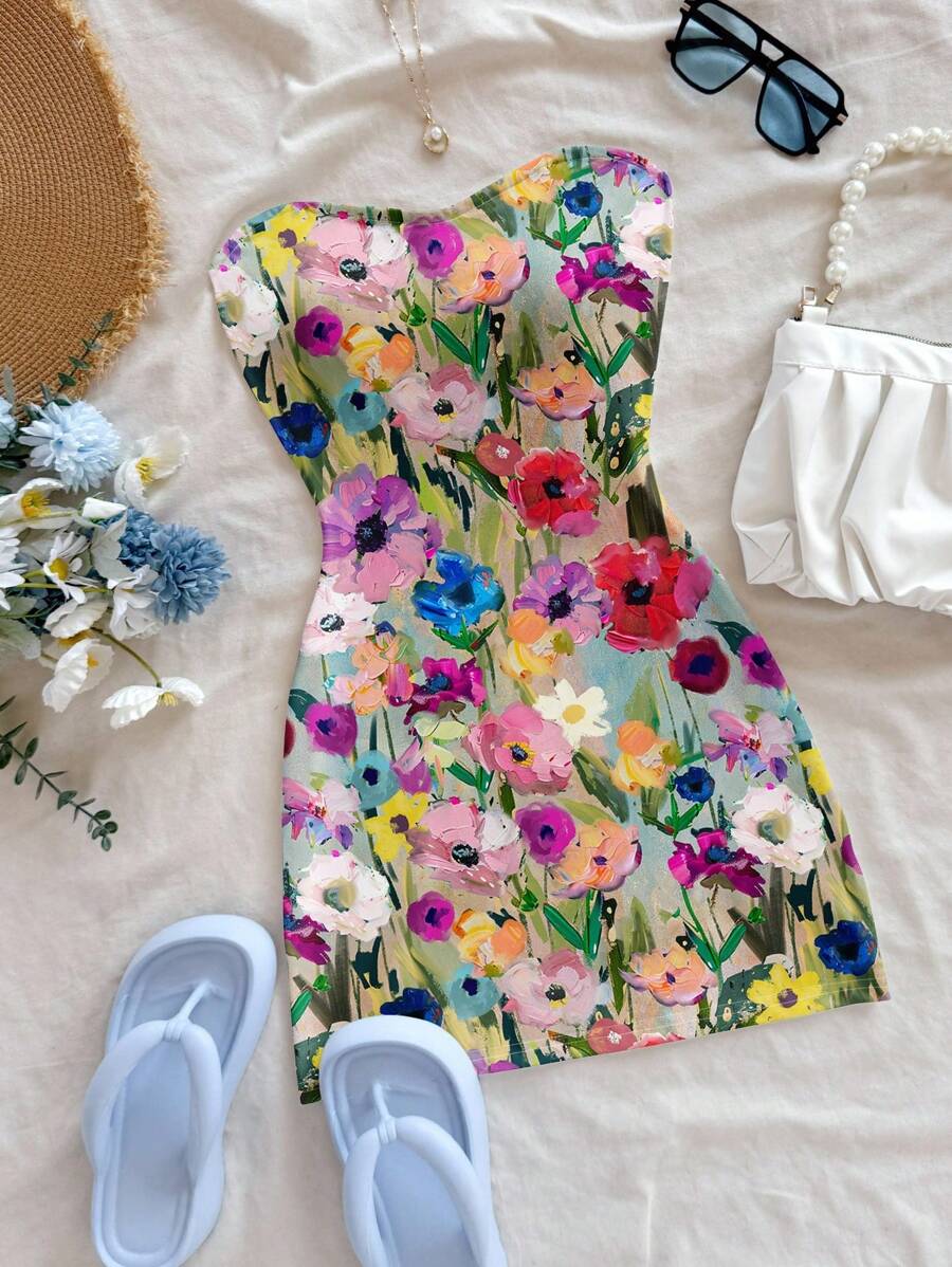 Dreamara Plus Size Women Retro Floral Print Mini Dress, Casual Vacation Style, Suitable For Beach, Summer,Corset Dress For Women,Summer Dresses For Women Chic Dress - Multicolor - View 1