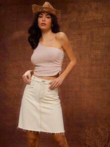 WESTFADE 高腰 4 口袋西部接缝 A 字形牛仔迷你裙 - 白色 - 查看 5