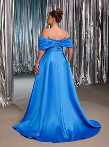 Glamrae Váy maxi hở vai xếp ly hở vai cao một tay, sang trọng, lãng mạn, màu xanh navy, cỡ lớn, thích hợp cho tiệc tối, hẹn hò, vũ hội, tốt nghiệp, đám cưới, dạ tiệc - Xanh đậm - Xem 2