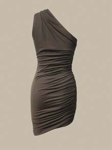 INAWLY Donna Vestito estivo senza maniche con colletto asimmetrico e plissé in tinta unita