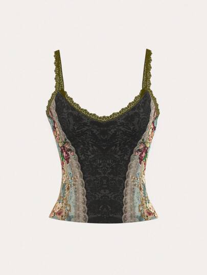 SHEIN ICON Y2k Women's Boho Vintage Graphic Renaissance Fashion Floral Print Contrast Lace Slim Fit Camisole