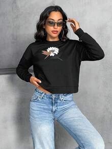 Cottnline Cottonline 100% Cotton Knitting T-Shirt With Bird Print Detailed Crew Neck - Black - View 6