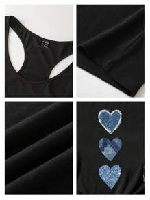 SHEIN LUNE 休闲蓝色牛仔心形图案背心，50% 棉，复古风格