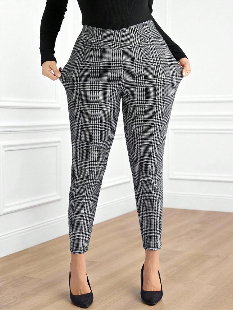 Plus Size  Women Cross Waist Plaid Print Elastic Waist Elegant Casual Pants For Commuting,Spring