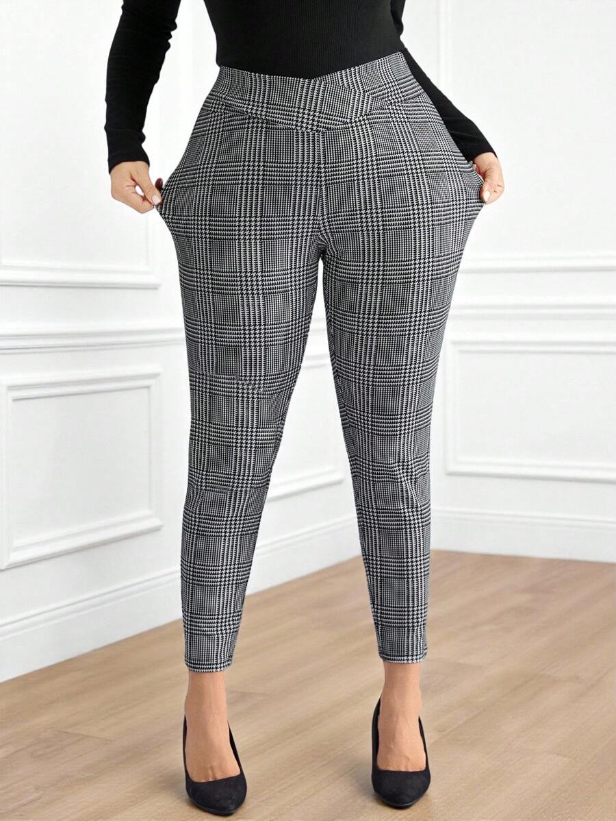 Miaspire 大码冬季女式交叉腰格纹印花松紧腰优雅休闲通勤裤 - 灰色 - 查看 1