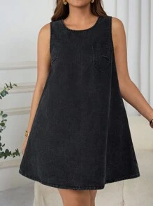 SHEIN CURVE+ Women's Plus Size Dark Blue Denim Mini Dress,Casual Sleeveless Round Neck A-Line Loose Fit Vacation Outfits,Elegant Autumn Spring & Summer Wear - Black - View 7