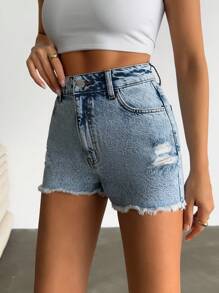 EURMUSE 100%Cotton Back Label Detailed Short With Destroy Summer Outfits For Women - Medium Wash - View 7
