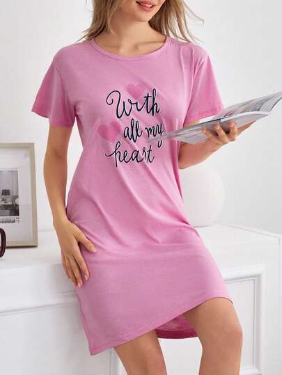 EURMUSE Cotton Women Lettered Round Neck Short Sleeved Pajama Dress Women Pajama Dress Womens Nightdress Night Gown Women Short Sleeve Loungewear Dress Sleepwear Dress Women