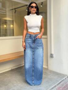 EURMUSE 100% Cotton WOMEN MID WAIST MAXI SKIRT - Light Wash - View 5