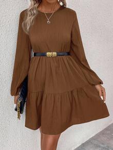 SHEIN LUNE Women's Casual Solid Color Pleated Mini Dress Fall Cloth For Women - Brown - View 4