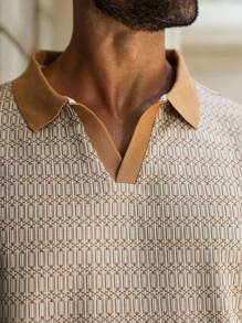 Manfinity Homme Men's Summer Jacquard Knit Polo Shirt, Textured Jacquard Fabric, Suitable For Daily Outings, Gatherings With Friends, And Casual Weekends, Best-Selling Versatile Item On INS Men Patterned Polo Shirt Men Geometric Print Shirt Men V-Neck Polo Shirt Men Summer Polo Shirt - Apricot - View 3