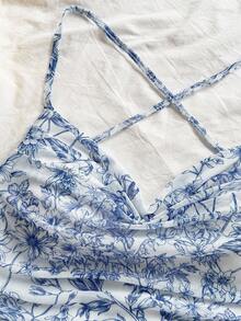 Soleia 女士度假蓝白花卉印花细肩带深 V 领露背系带蝴蝶结美人鱼迷你连衣裙，适合派对、圣诞节、约会、夜总会、海滩、游轮、下午茶、波西米亚风、波西米亚风、度假、秋季 - 藍白色 - 查看 7