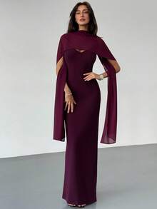 Aloruh 茄子紫色细肩带飘逸高开衩紧身连衣裙，适合派对和正式场合 - 中紫紅色 - 查看 6