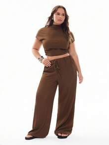 Solavibe Plus Size Texture Knit T-Shirt & Long Pants Casual Pleated Drawstring 2pcs Set 2 Piece Sets Woman - Coffee Brown - View 1