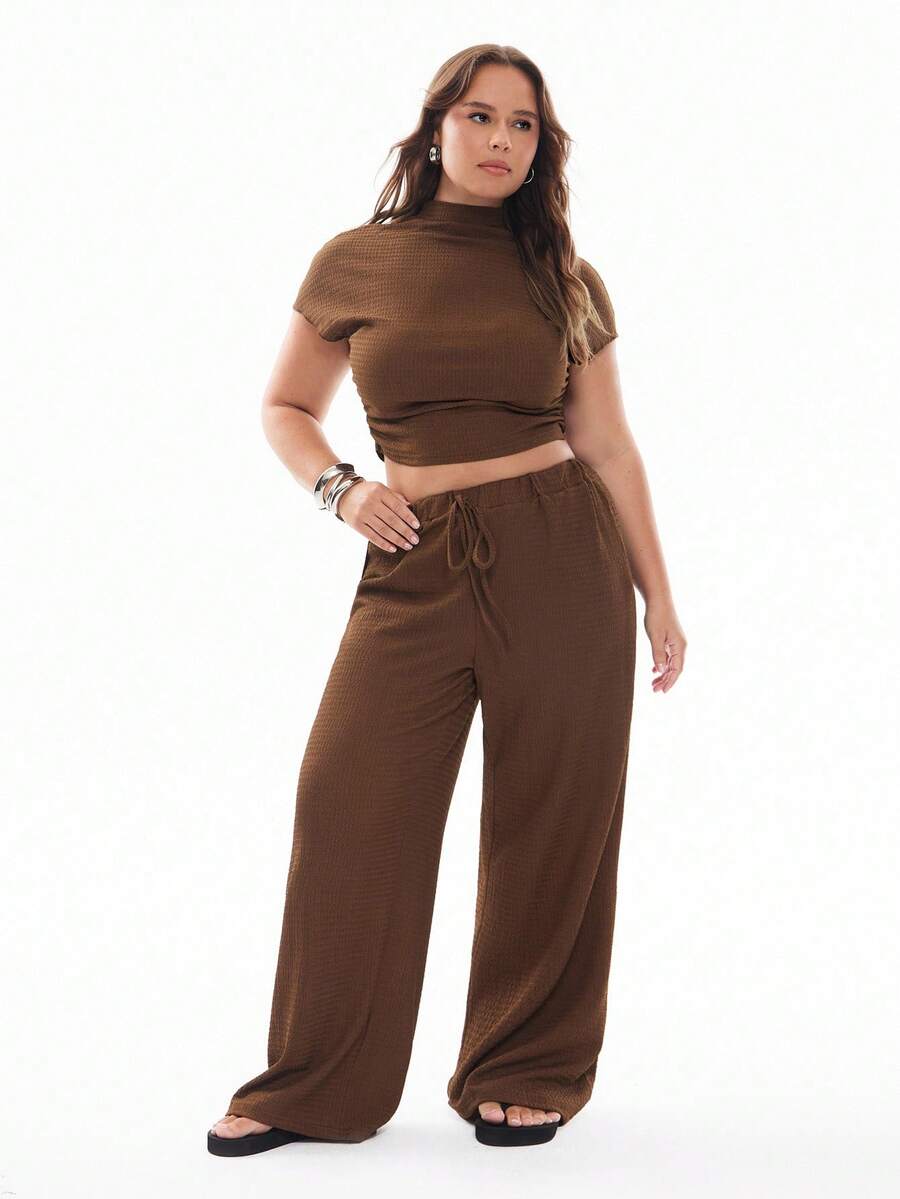 Solavibe Plus Size Texture Knit T-Shirt & Long Pants Casual Pleated Drawstring 2pcs Set 2 Piece Sets Woman - Coffee Brown - View 1