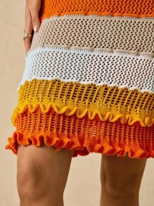 SHEIN VCAY Plus Size Contrast Color Knit Sweater Strapless Dress For Woman,Boho Yellow Orange Beach Cover Up,Tropical Holiday Vacation Autumn Winter Clothes - Orange - View 7